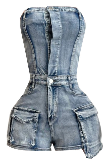 Strapless Denim Cargo Romper