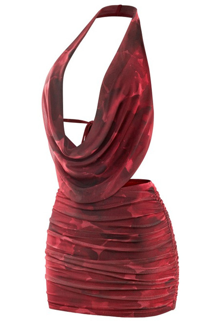 Halter Cowl Neck Mesh Abstract Skirt Set