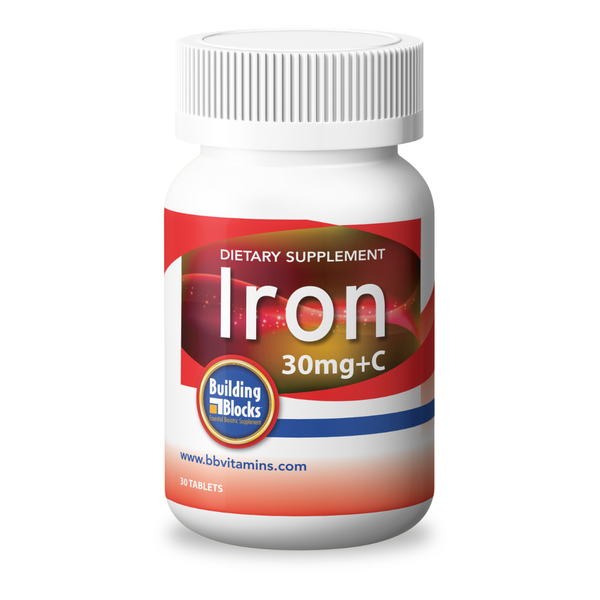 Photo of a bottle of Building Blocks Iron 30mg+C Non-Chewable Tablets
