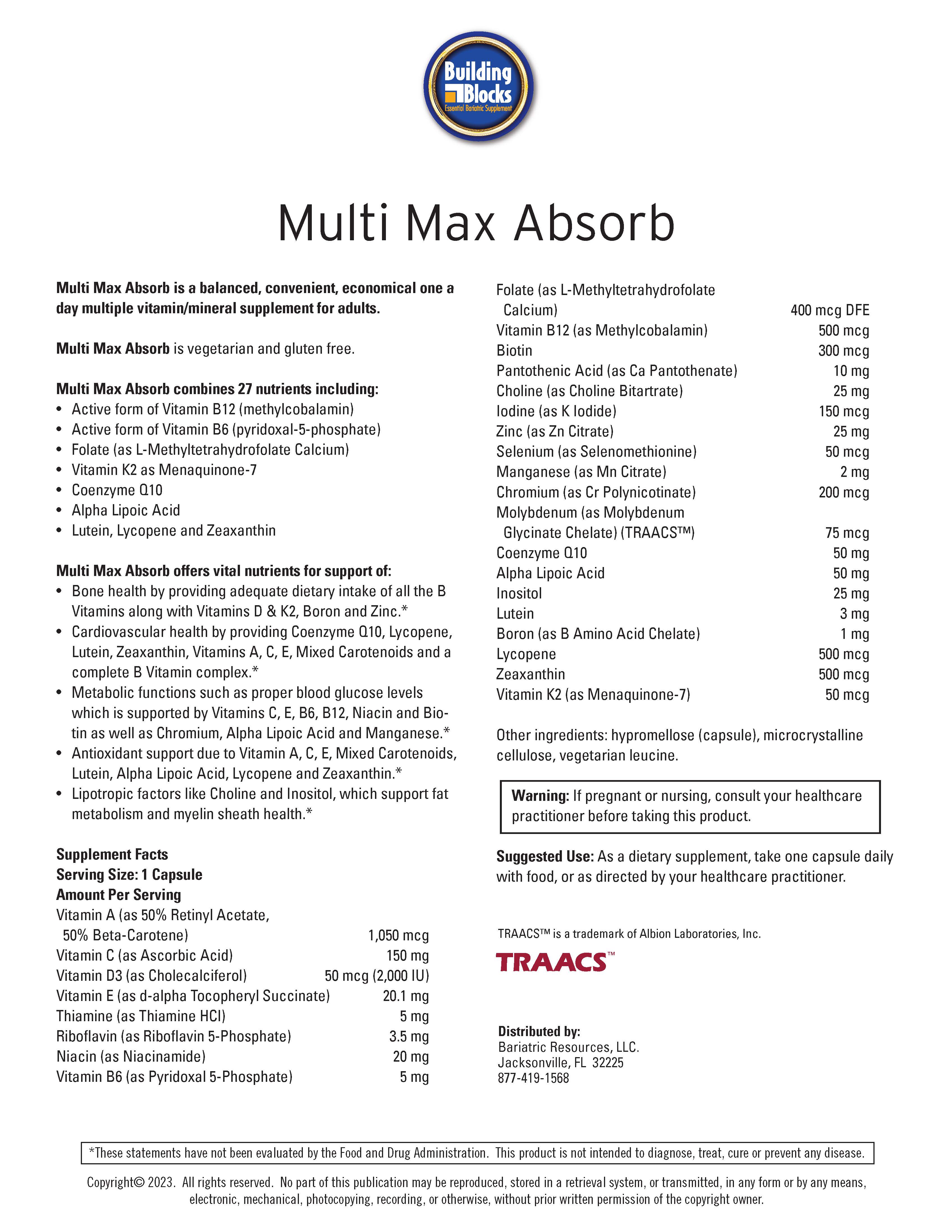 Multi Max Multiple Max Absorb: Advanced Multivitamin for Bariatric