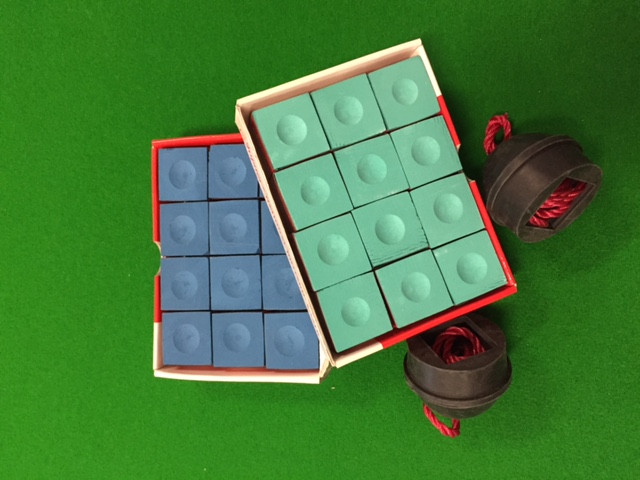 12 pieces of either Blue or green chalk with two rubber chalk holders