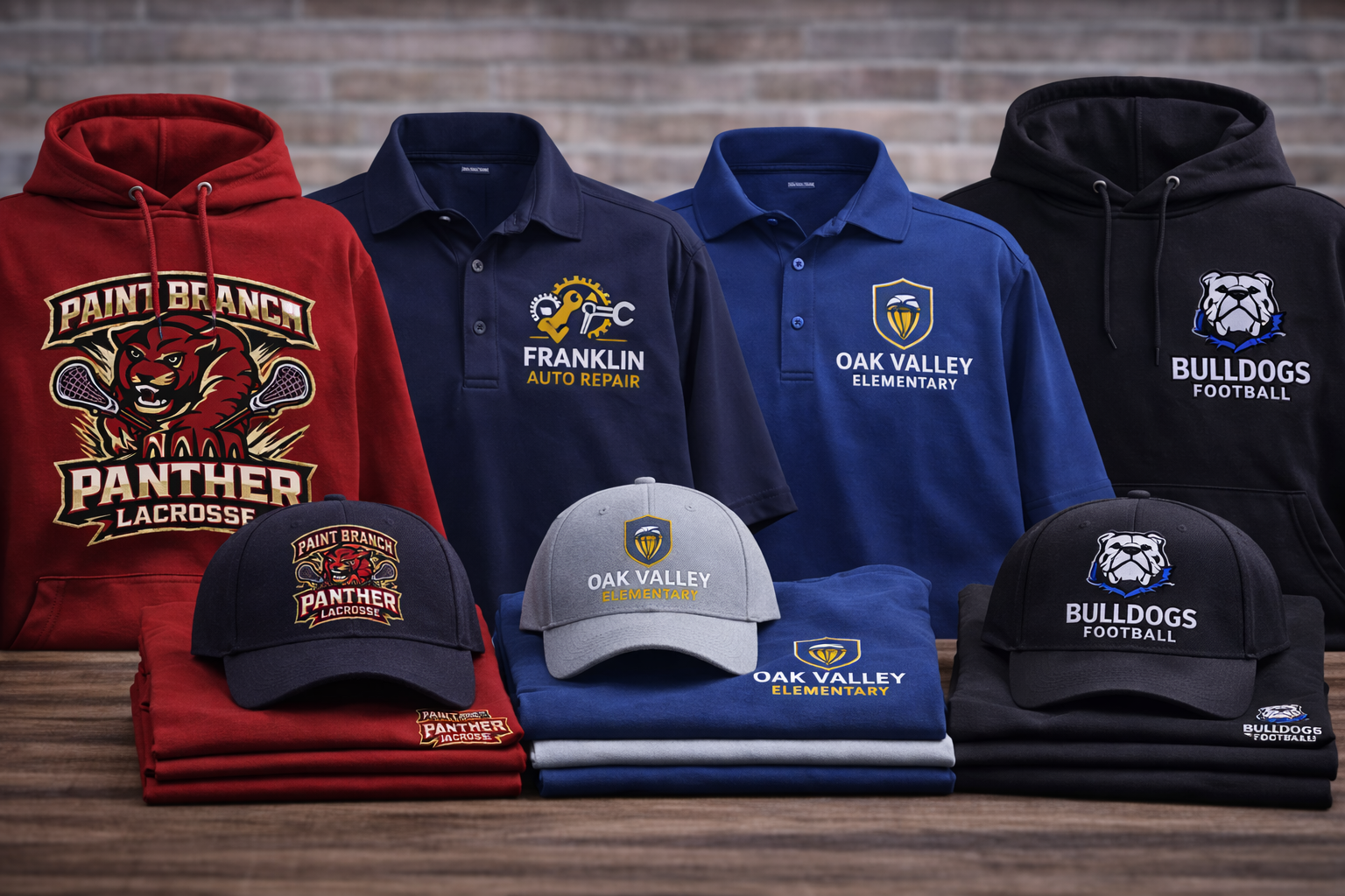 Custom screen printed and embroidered apparel including hoodies, polos, hats, and team gear