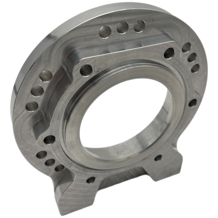 Billet 4L80 to 6 Bolt Round adapter, CNC machined from 6061 T6 aluminum, shown with mounting hardware and 3 clocking position options.