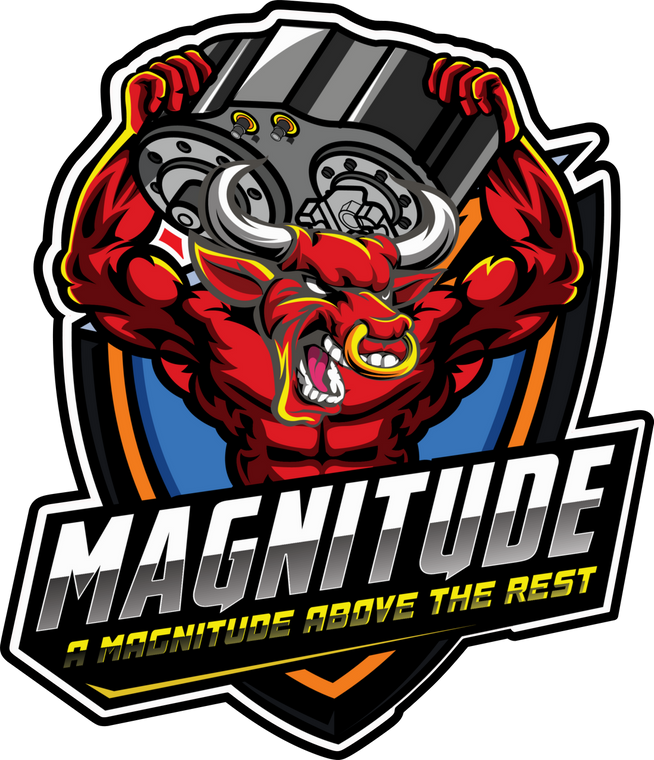 Show off your commitment to strength with the Magnitude Bull Sticker. Measures 5 inches wide by 6 inches tall. Built for toolboxes, rigs, or helmets.