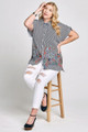 Navy Striped Buttoned Down Collared Blouse Floral Embroided Design