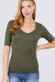 Elbow Sleeve V Neck Top True Olive Top