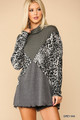 Solid And Animal Print Mixed Knit Turtleneck Top With Long Sleeves