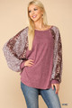 Textured Knit And Animal Print Mixed Dolman Sleeve Top