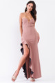 Sleeveless Plunging Sweetheart Neckline Ruffle Trim Front Slit Detail Fitted Maxi Dress