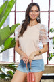 Round Neck 3/4 Contrast Embroidered Puff Sleeve Knit Top