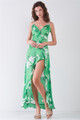 Satin Green & White Floral Print Sleeveless V-neck Self-tie Back Ruffle Trim Side Slit Detail Maxi Dress