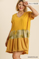 Tie Dye V-neck Short Folded Sleeve Raw Edged Detail Dress With Fringed Hem