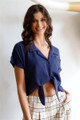 Navy Collared Short Sleeve Self-tie Front Cropped Top