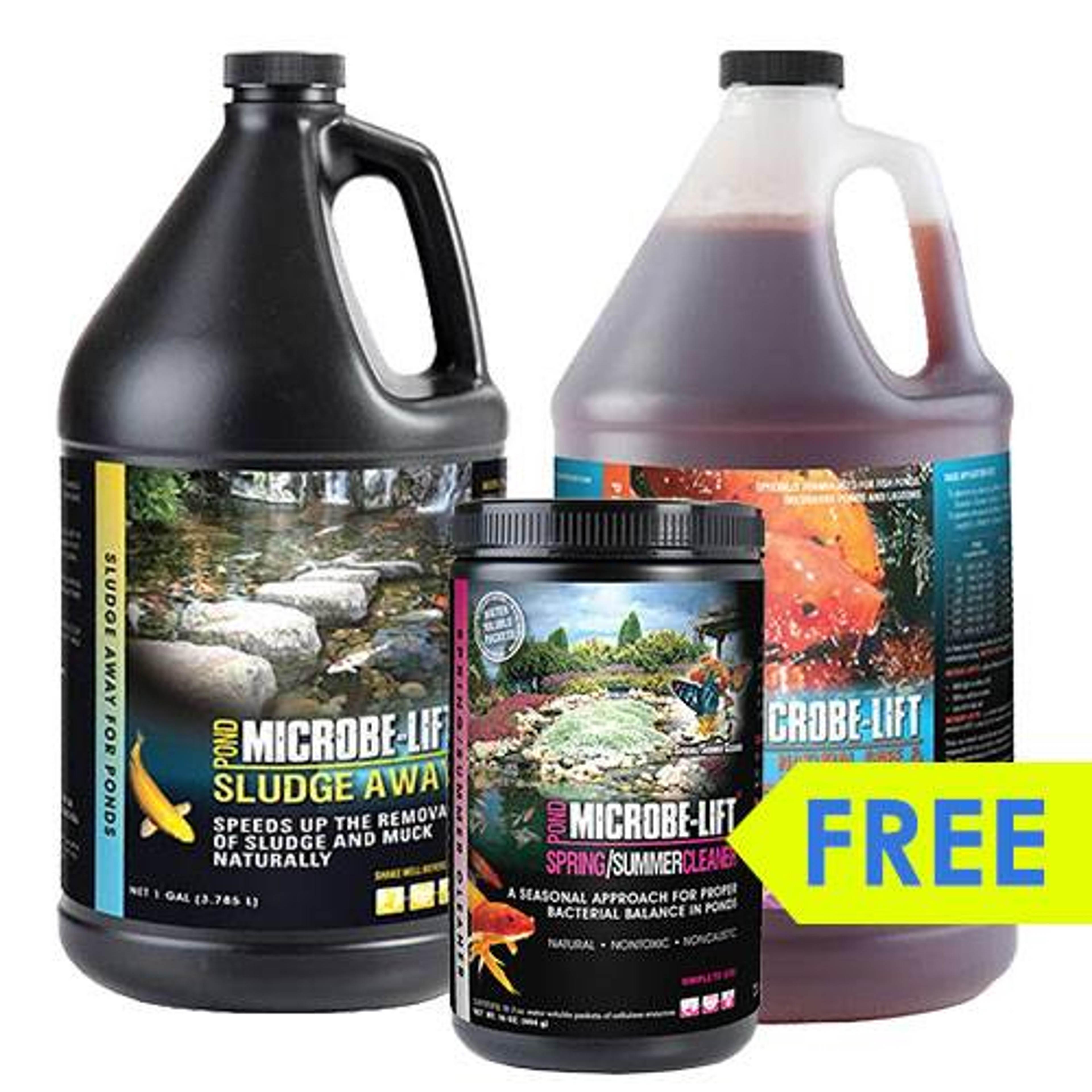 Microbe-Lift PL, 1 Gallon and Sludge Away 1 gallon with Free Spring Summer Cleaner
