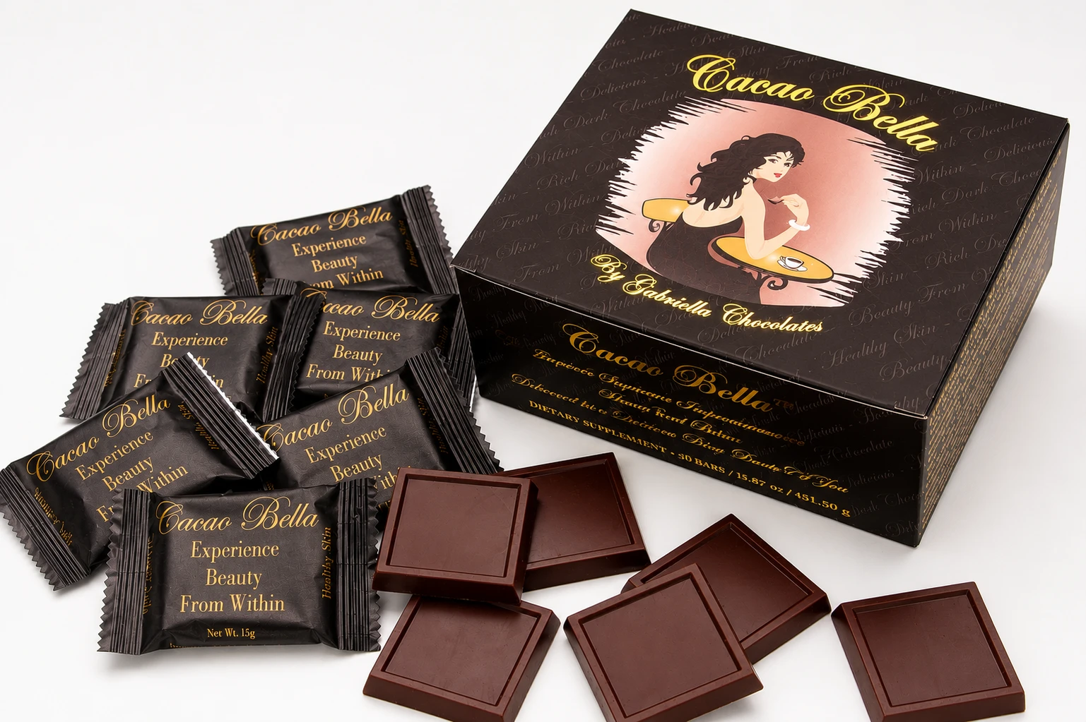 Cacao Bella 30-day supply of premium 70% dark chocolate beauty and wellness bars