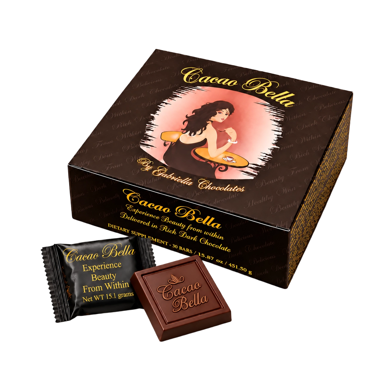 Cacao Bella 30-day supply of premium 70% dark chocolate beauty and wellness bars