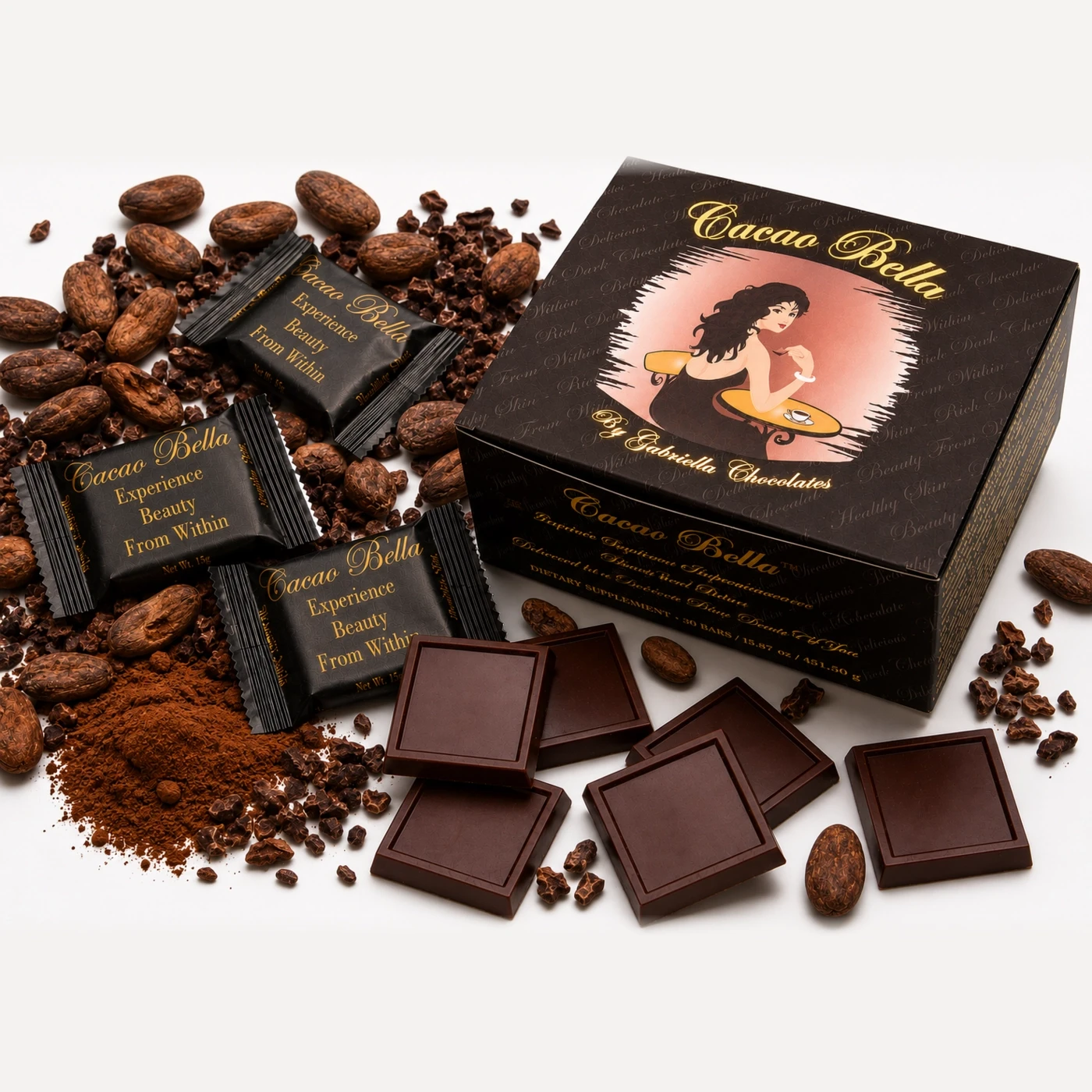 Cacao Bella product, chocolate and cacao ingredient composition