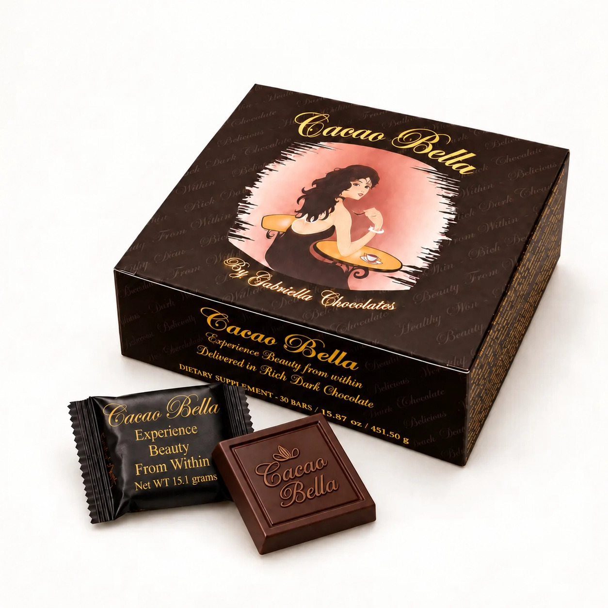 Cacao Bella 30-day supply of premium 70% dark chocolate beauty and wellness bars