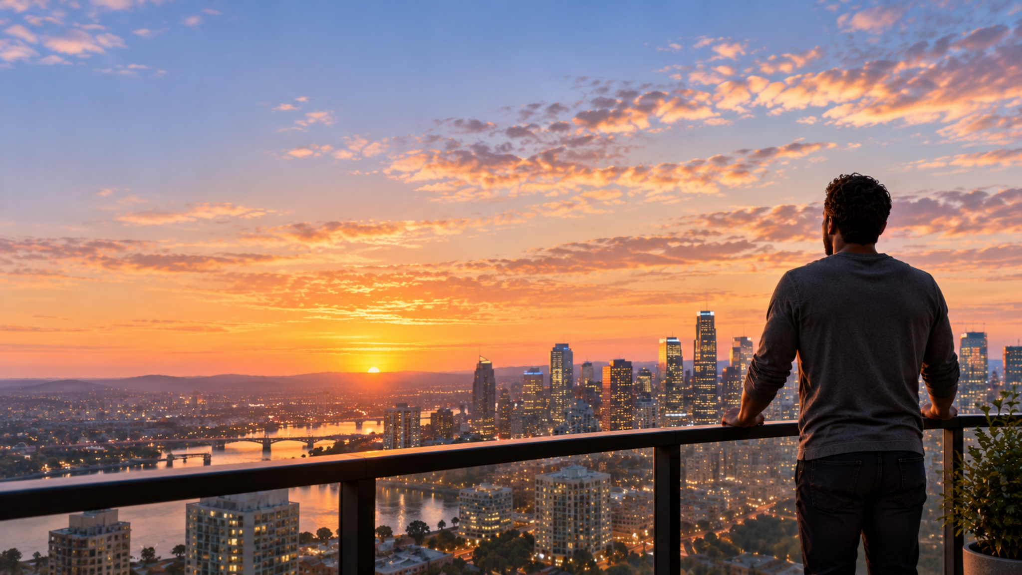 A man looking out over a city skyline at sunset from a balcony
