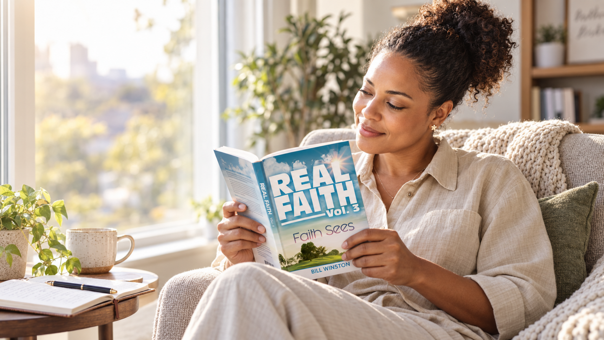 A woman reading a copy of Real Faith Vol. 3 in a cozy, softly lit room