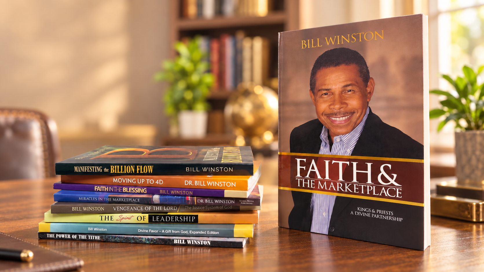 Faith & the Marketplace book by Bill Winston resting on a stack of BWM books