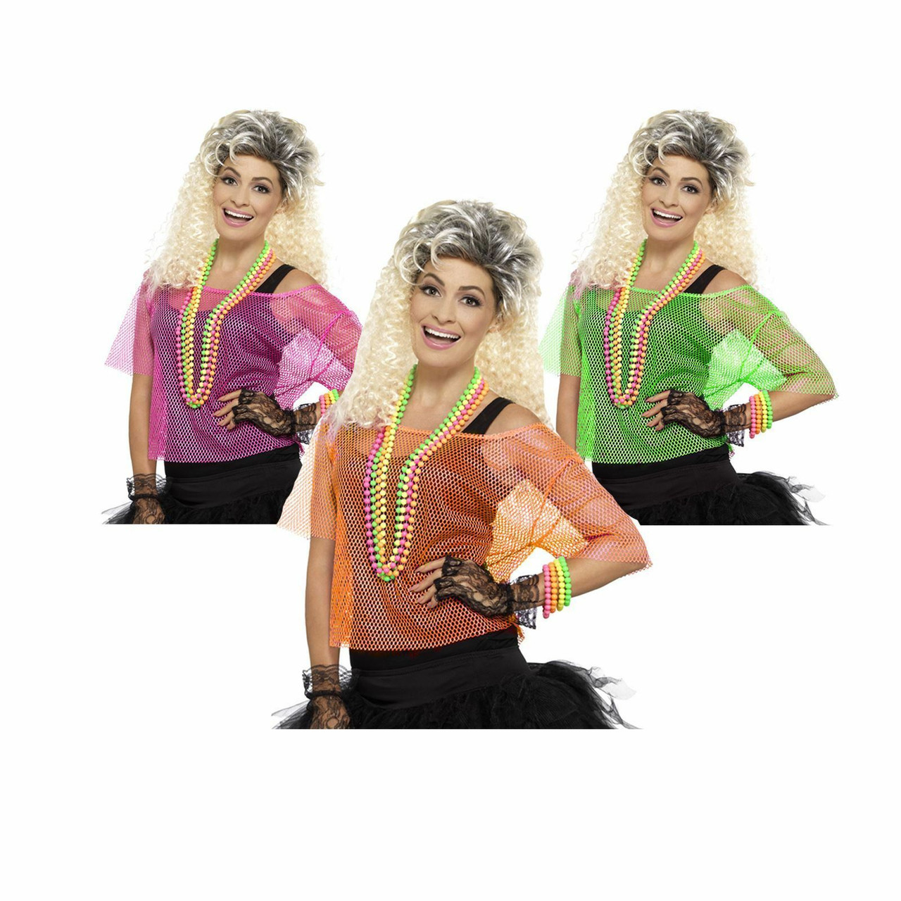 Adult Ladies 80s 90s Neon Disco Rave Retro Fishnet Top Fancy Dress Hen Party