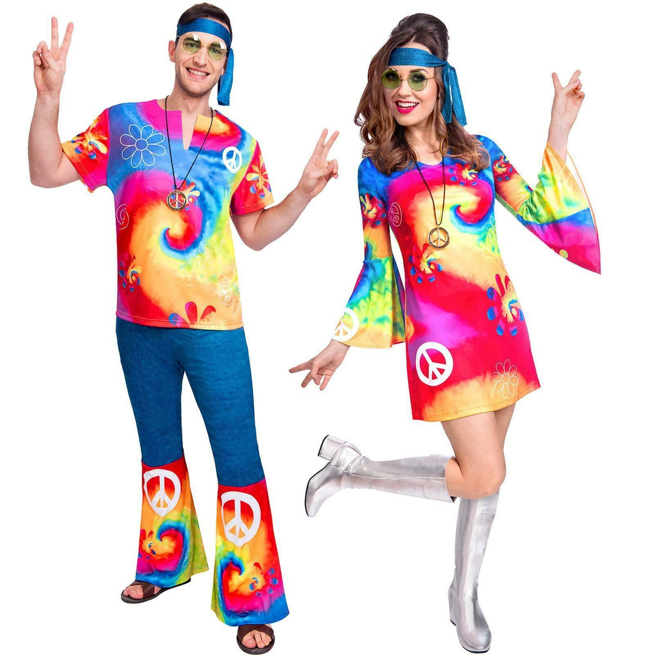 Halloween Adult Couple 60's 70's Hippie Costumes Role Play Flower
