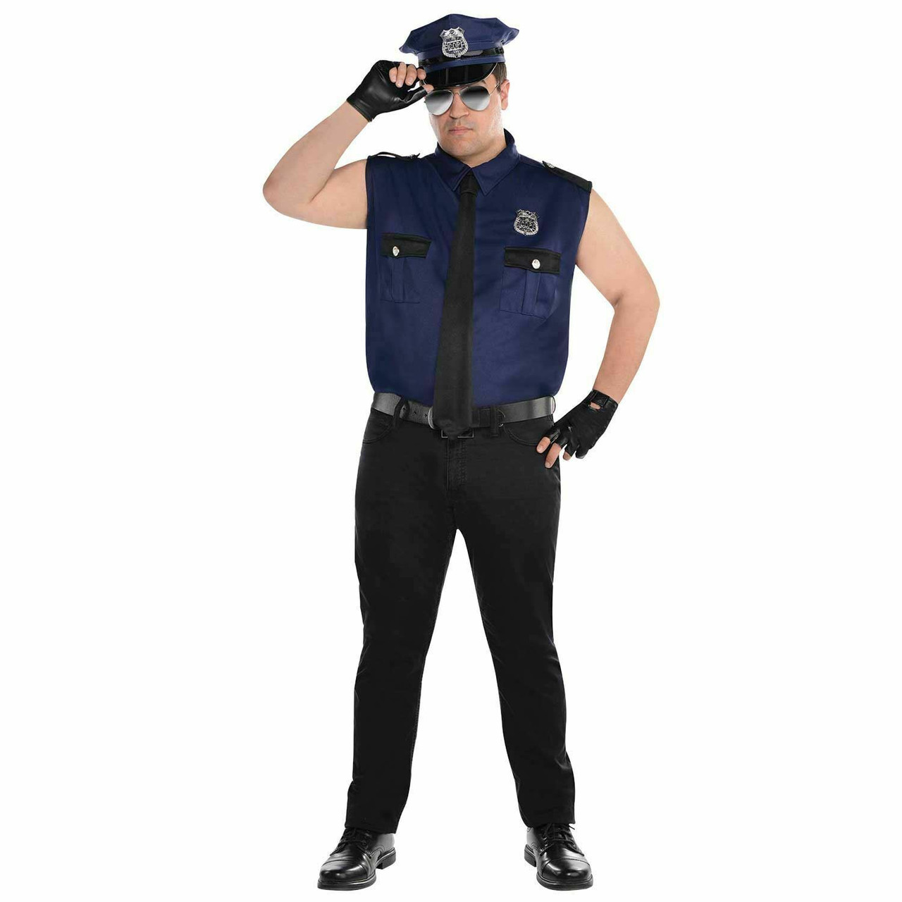 POLICE OFFICER UNIFORM SHIRT HAT BADGE ADULT MENS FANCY DRESS COP COSTUME 