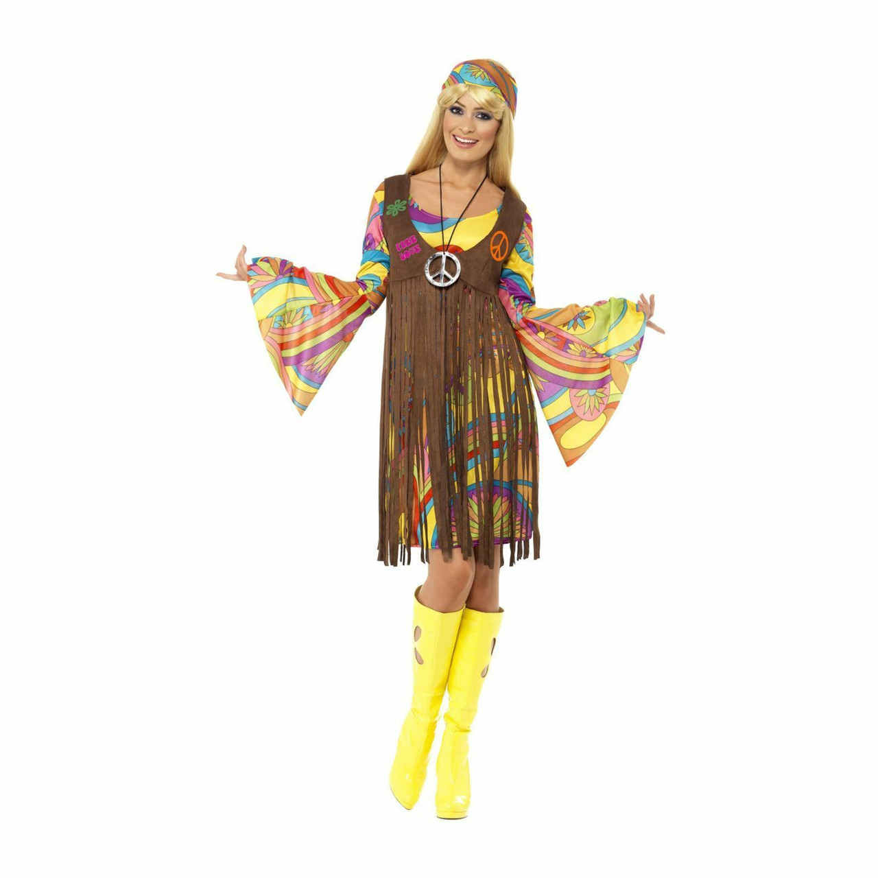Ladies Hippie 60s Groovy Hippy Multicolour Fancy Dress Costume Adult Outfit  - Fancy Dress VIP