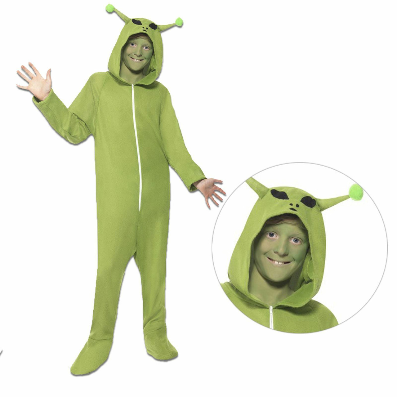 Kids Unisex Green Alien Martian Jumpsuit Fancy Dress Sci-Fi Costume