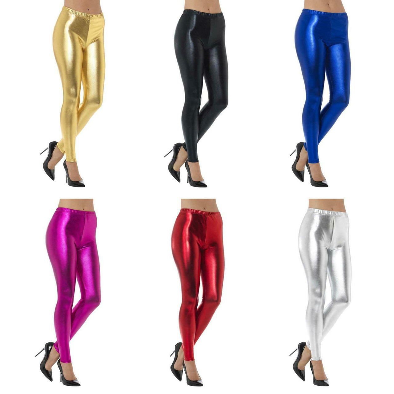 Ladies 80s Metallic Shiny Disco Rock Punk Leggings Women Costume Leather  Look - Fancy Dress VIP