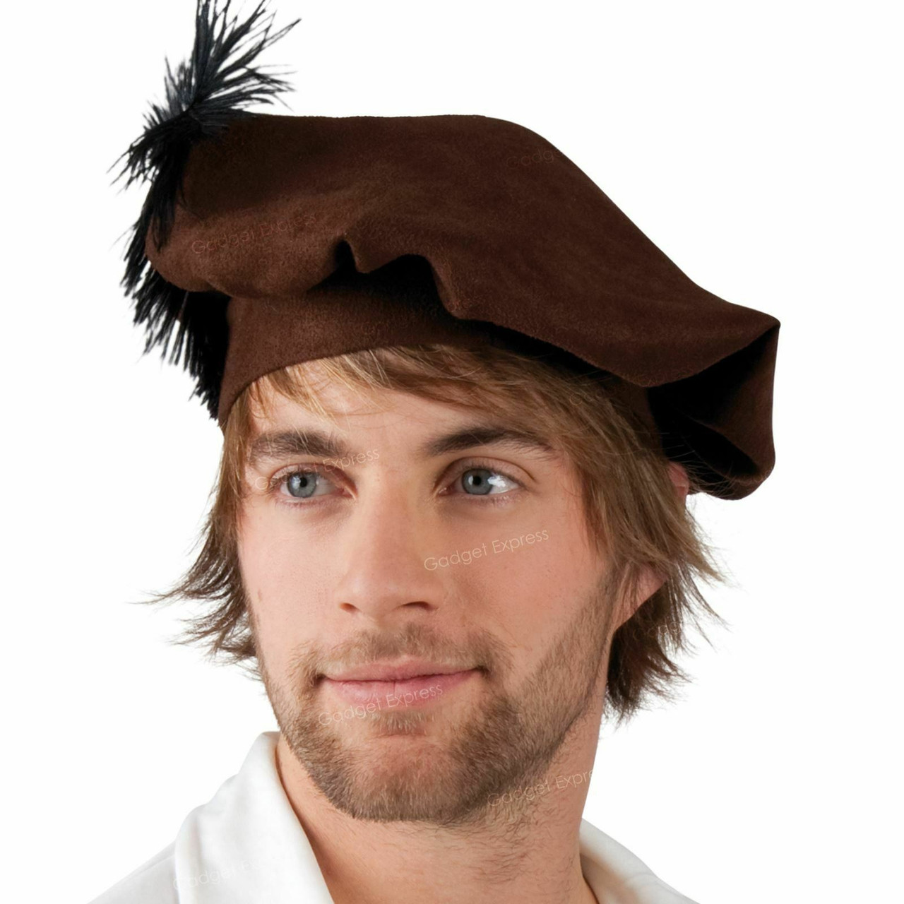 Boys Brown Medieval Friar Tuck Tudor Fancy Book Week Dress Hat Beret Feather 