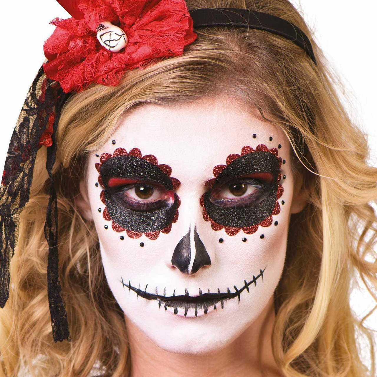 Ladies Day of the Dead Facepaint Tattoo Face Make up Set with Roses  Headband Dia