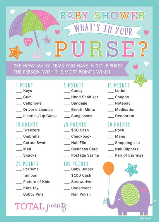 24 Sheets Baby Shower What's In Your Purse Game