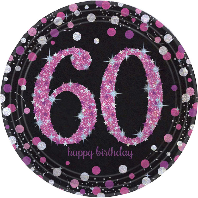 8 x Pink Sparkling Celebration 60th Prismatic Paper Plates