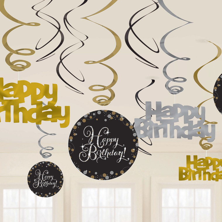 Gold Sparkling Happy Birthday Celebration Swirl Decorations