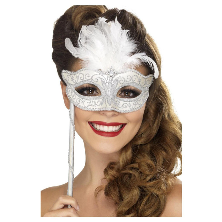 Women's White Silver Masquerade Theme Costume Eye Mask