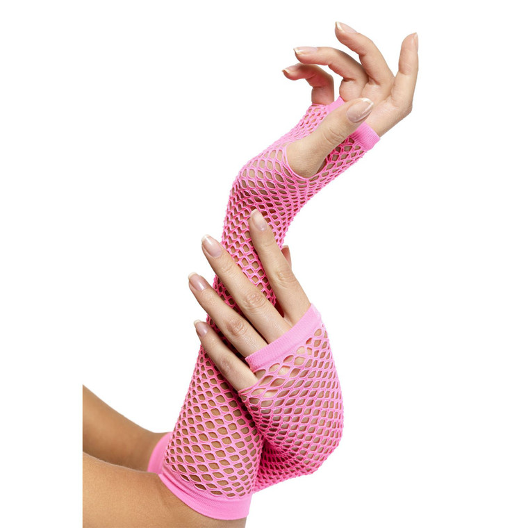 Adults Pink Polyester Old School 80's 90's Fishnet Gloves