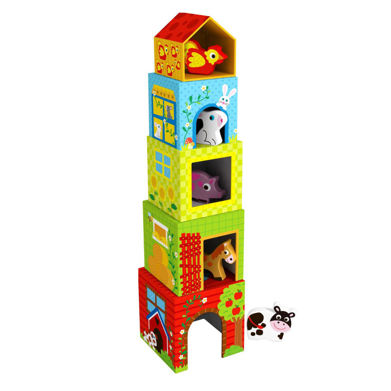 10pc Wooden Farm Animal Play Set in Nesting Boxes