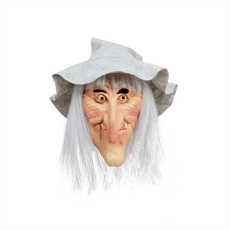 Adults Grey Witch Halloween Mask With Hat And Hair