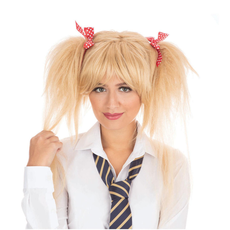 Adult's Schoolgirl Wig Blonde With Red Bows