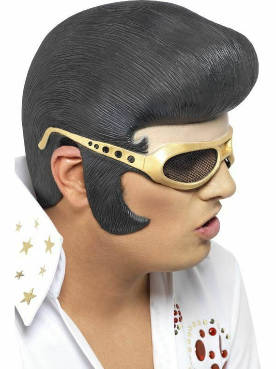 Elvis Wig With Attached Glasses Mens Fancy Dress 50S Adult Costume Headpiece New