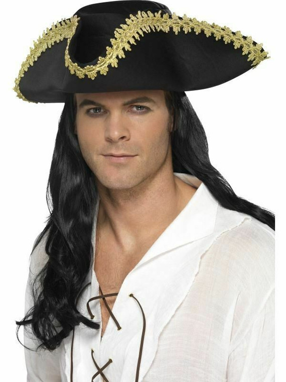 Pirate Hat Adults Pirates Fancy Dress Accessory Black Tricon Hat