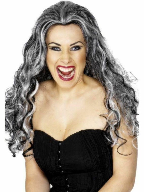 Renaissance Vampire Wig Ladies Black Grey Womens Halloween Fancy Dress Costume