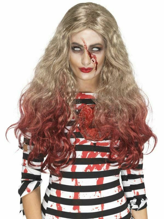 Ladies Deluxe Blood Drip Zombie Wig Halloween Blonde Long Fancy Dress Costume