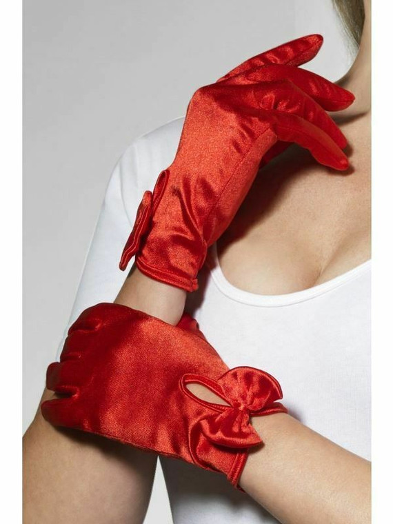 Red Short Burlesque Magician Gloves With Bow Womens Ladies Fancy Dress Accessory