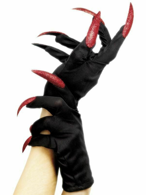 Ladies Black Gloves Red Long Claw Cat Nails Drag Queen Costume Fancy Dress