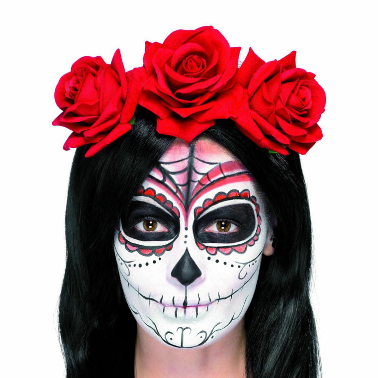 Day of the Dead Headband with 3 Red Roses