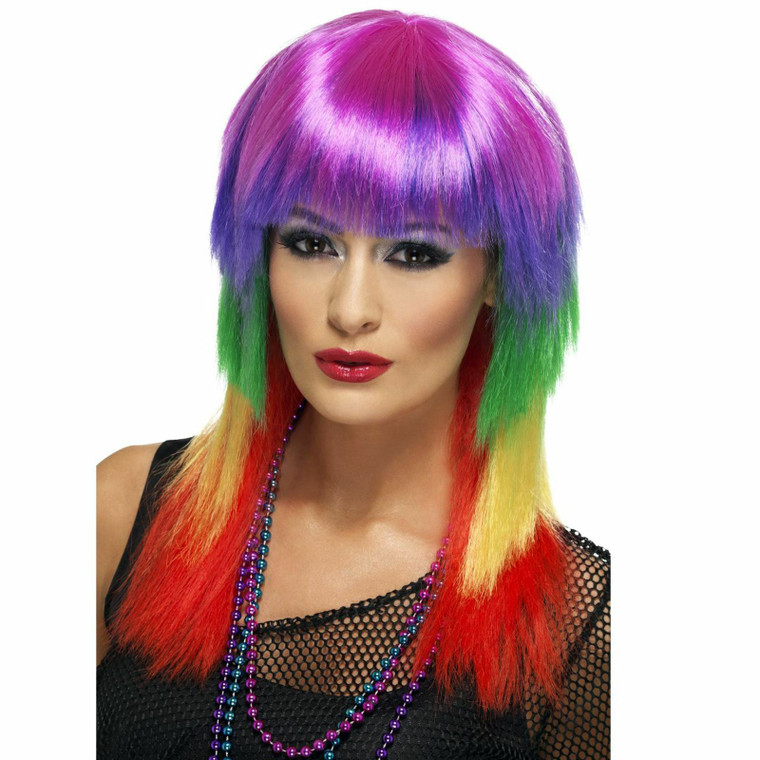 Ladies 80s Rave Rainbow Rocker Wig