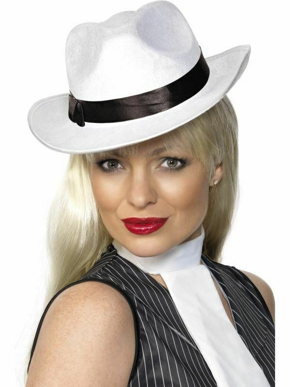 White Gangster Hat Fancy Dress 1920S Mafia Fedora Trilby Adult Costume Accessory